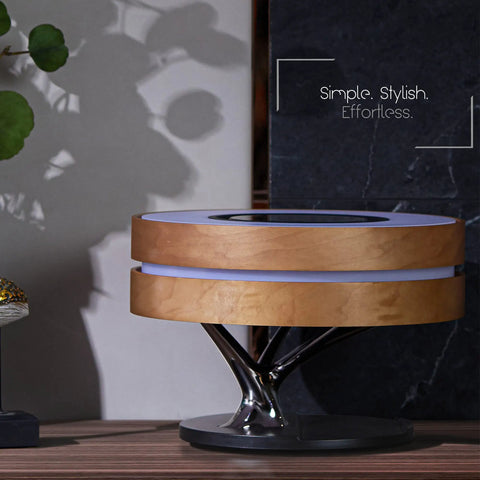 Bedside Smart Lamp Shade With Bluetooth Speaker Fast Wireless Qi Charger Touch Dimmer on a table