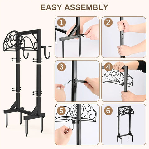 Freestanding Garden Hose Stand With Heavy Duty Water Hose Holder And Tool Hooks Four Anchoring Spikes Holds Up To 150 Ft Of Hose Rust Resistant Coating For Yard And Lawn assembly steps