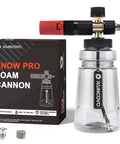 Wide Mouth Foam Cannon For Pressure Washer With Thick Snow Foam For Car Wash, Pro Grade Adjustable Soap Cannon, Car Detailing Tool With Quarter Inch Quick Connector And One Point One Millimeter Orifice Nozzle next to packaging and accessories.