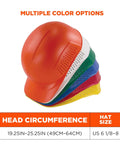 Stack of vented hard shell bump caps with suspension in multiple colors, adjustable for lightweight head protection, size 19.25in-25.25in.