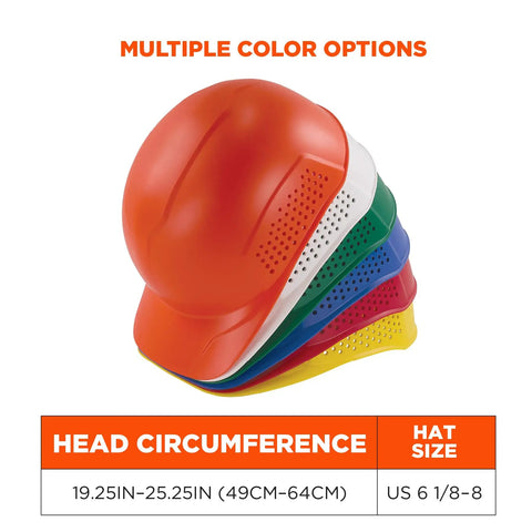 Stack of vented hard shell bump caps with suspension in multiple colors, adjustable for lightweight head protection, size 19.25in-25.25in.