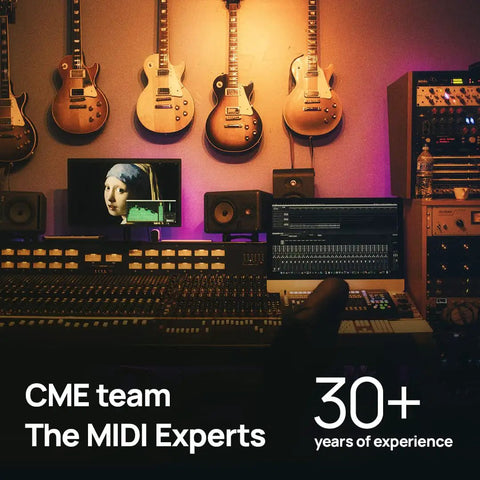 CME team's audio production studio with guitars, mixing console, and screen showcasing 30+ years of MIDI expertise.