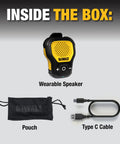 Inside the box: Wearable Clip On Bluetooth Speaker For Job Sites, pouch, and Type C cable, water resistant, yellow design.