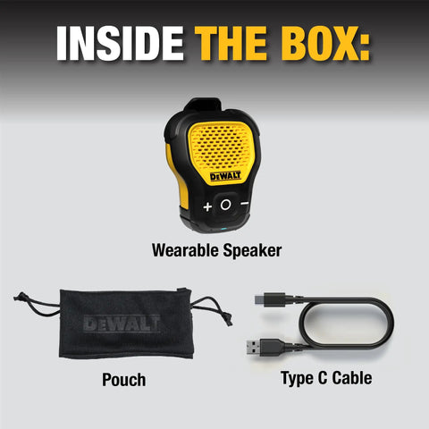Inside the box: Wearable Clip On Bluetooth Speaker For Job Sites, pouch, and Type C cable, water resistant, yellow design.