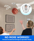 10 Pack Half Inch Zinc Plated Steel Fire Sprinkler Head Guards With Stainless Mounting Hardware protecting against basketball impacts.