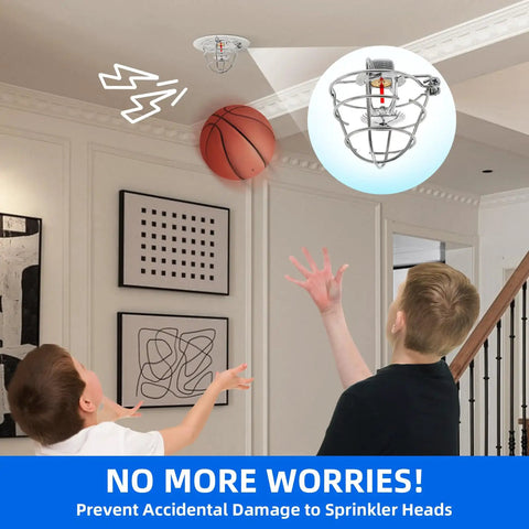 10 Pack Half Inch Zinc Plated Steel Fire Sprinkler Head Guards With Stainless Mounting Hardware protecting against basketball impacts.