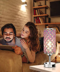 Rose Gold Crystal Touch Lamps Set Of 2 With Dual USB Ports, 3 Way Dimmable Nightstand Lights, Pink Bedside Lamps in cozy bedroom