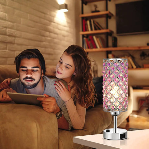 Rose Gold Crystal Touch Lamps Set Of 2 With Dual USB Ports, 3 Way Dimmable Nightstand Lights, Pink Bedside Lamps in cozy bedroom