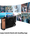 Vlog Camera Cage For Sony RX100 VI And RX100 VII with wooden grip and accessory mounts, enhancing video setup.