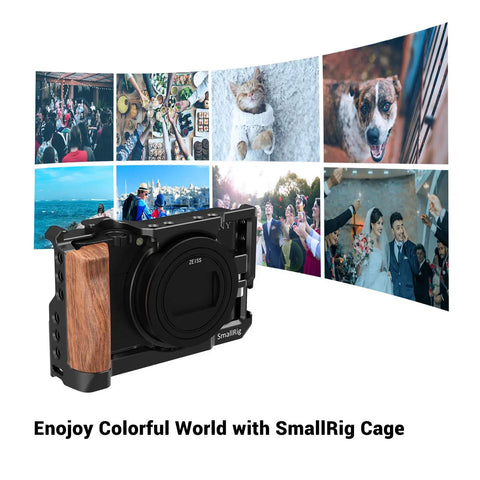 Vlog Camera Cage For Sony RX100 VI And RX100 VII with wooden grip and accessory mounts, enhancing video setup.