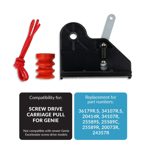 Screw Drive Carriage Replacement For Genie Garage Doors 36179R.S And 34107R.S, showing parts set for installation