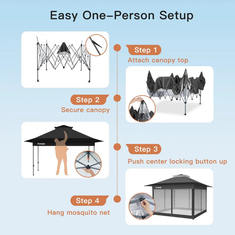 13x13 Pop Up Gazebo Canopy No Fuss Backyard Patio With Mosquito Netting, Easy Setup One Push Center Lock, Wheeled Carry Bag