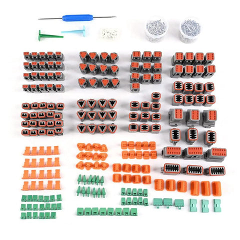 Array of components from DT Deutsch Connector Kit 708-Piece Pro Grade Set With 2 3 4 6 8 12 Pin Gray Waterproof IP67 Electrical Connectors.