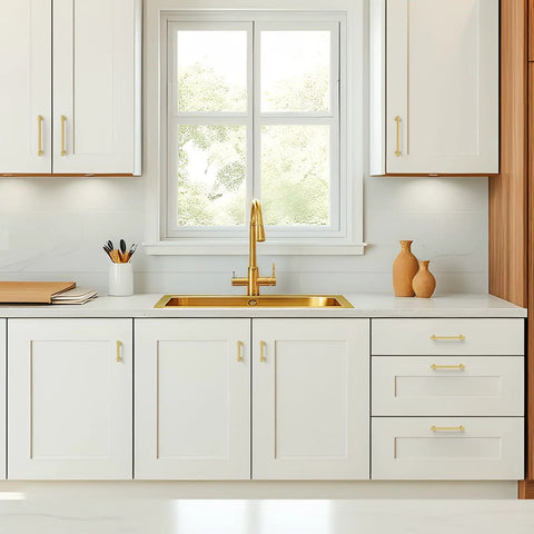 Kitchen with Six Pack Brushed Gold Aluminum Cabinet Handles With 5 Inch Center Hole Straight Bar Drawer Pulls for wardrobes