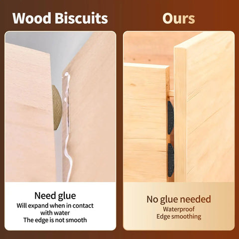 Comparison of wood joint using glue versus Plastic Biscuit Joiner Plates Set For Woodworking DIY Projects Self Clamping And Gripping Tool For Cabinet Deck Furniture Framing No Glue Needed 100 Piece Kit.