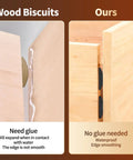Comparison of traditional wood biscuit needing glue and Self Clamping Biscuit Joiner Plates Set For Pro Grade DIY Woodworking Projects No Glue Needed Durable Plastic Construction 50 Count Gripping And Easy Insertion For Decks Door Frames And Furniture Framing.