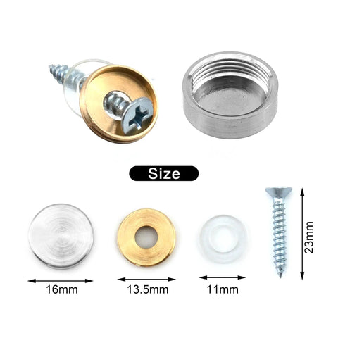 Straight Up Premium Stainless Steel Decorative Screw Covers Smooth Brushed Finish 16 Mm Hidden Mirror Screws Rust Proof Concealed Fasteners Walls And Furniture 10 Pack with sizes shown.