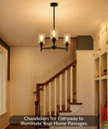 Industrial Glass Cylinder Pendant Chandelier in Black, 6 Light Farmhouse Vibe hanging in a home entryway.