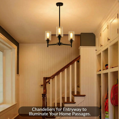 Industrial Glass Cylinder Pendant Chandelier in Black, 6 Light Farmhouse Vibe hanging in a home entryway.