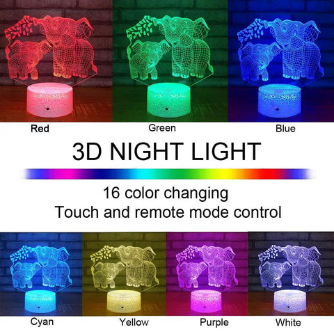 Elephant 3D Night Light For Kids With 16 Color Changing LED Lights Remote Control And Touch Sensor Cute Elephant Lamp For Bedroom Perfect Gift For Girls Boys Babies