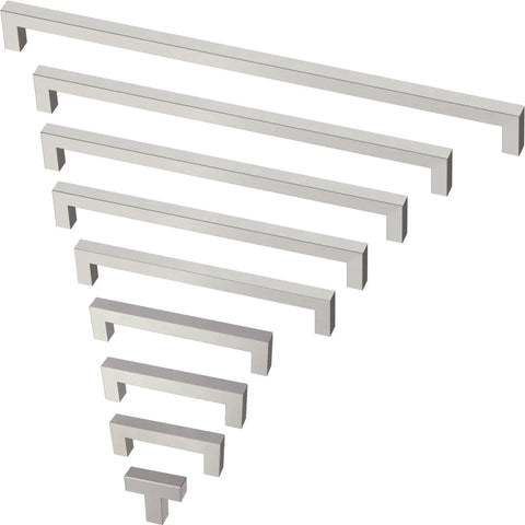 Assorted sizes of Stainless Steel Modern Square Cabinet Pulls With Five And One Sixteenth Inch Hole Center For Cabinets, Drawers, Dressers.
