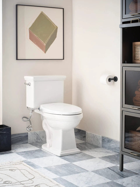 Bathroom with white elongated toilet featuring Standard Non Electronic Bidet Seat For Elongated Toilets With Dual Front And Rear Nozzles Water Pressure Control Soft Close Lid Self Cleaning Replaceable Nozzles Easy Operation EB500E on patterned floor.