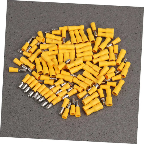 Insulated Wire Crimp Connector Kit With 50 Male And 50 Female Quick Disconnects For Electrical Wiring And Automotive Projects, Sealed, Plastic Case, Color Yellow, Easy Access And Reliable Connection displayed on gray surface.