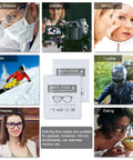 ALIBEISS anti-fog lens wipes, 60-pack, pre-moistened 6x5 inch; collage: glasses, camera, mirror, skiing, cycling, eating.