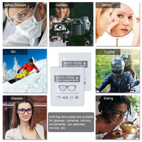 ALIBEISS anti-fog lens wipes, 60-pack, pre-moistened 6x5 inch; collage: glasses, camera, mirror, skiing, cycling, eating.