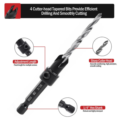 Countersink Drill Bit Set Five Piece Tapered Drill Bits With One Quarter Inch Hex Shank Quick Change visible features labeled.