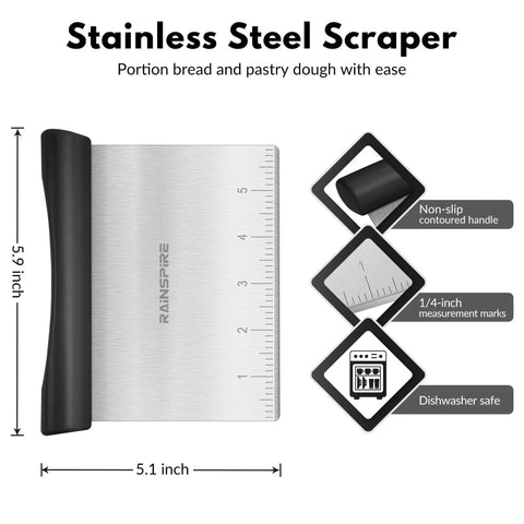 Stainless Steel Bench Scraper With 1 To 6 Inch Measurement Marks For Even Dough Portions, Pastry And Pizza Cutter, Black handle