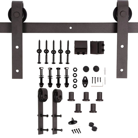 Kona Coffee Finished Solid Wood Sliding Barn Door With Hardware Kit, 30x84 Inches, showing hardware components and assembly parts.