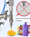 Close up of stainless steel anti-drip nozzle on Heavy Duty Stainless Steel Paste Filling Machine With Wide Mouth Hopper For No Sweat Bottle Filling At 40 Liters Per Minute Real Game Changer For Honey Jam Shampoo.