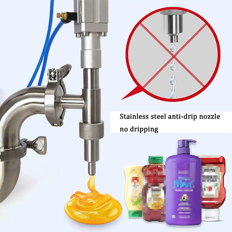 Close up of stainless steel anti-drip nozzle on Heavy Duty Stainless Steel Paste Filling Machine With Wide Mouth Hopper For No Sweat Bottle Filling At 40 Liters Per Minute Real Game Changer For Honey Jam Shampoo.