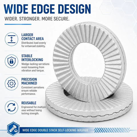 Double Layer Self Locking Washers That Keep Bolts Tight Under Vibration Belleville Style Locking Fasteners For Automotive Industrial Machinery Construction Equipment And Maintenance 1 Inch Stainless Steel Or Dacromet Coated wide-edge washer