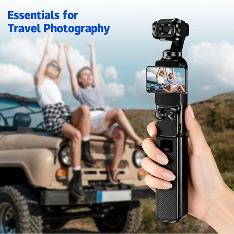 Power Up On The Go With A 5000mAh Battery Grip Featuring LED Digital Display For Osmo Pocket 4 And Pocket 3 Fast Charging One Quarter Inch Tripod Thread Type C Pass Through Durable Handheld Power Boost used for travel photography.