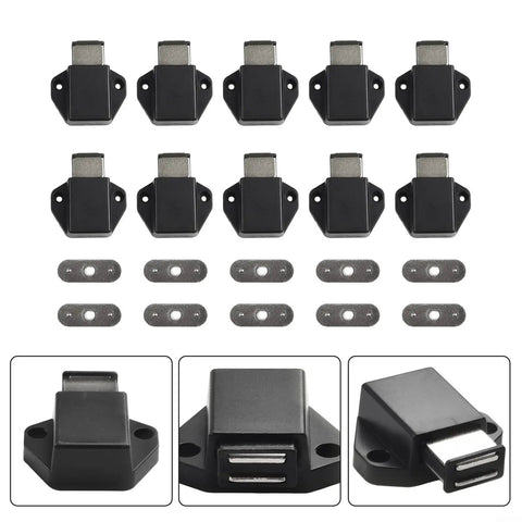 Heavy Duty Magnetic Cabinet Door Catches For Silent Soft Close Kitchen And Bathroom Drawers, Smooth Push To Open Plastic Black Latches arrangement.