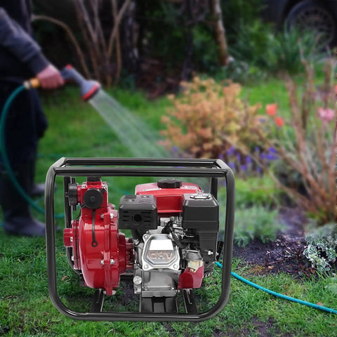 Heavy Duty Workhorse 7.5HP 212CC Gas Water Pump 2 Inch Twin Impeller High Pressure Transfer Machine 328 Ft Lift displayed outdoors.