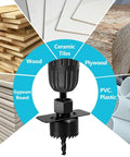 Front view: 18-piece hole saw kit with black mandrel; storage case included; wood, plywood, PVC, drywall compatible.