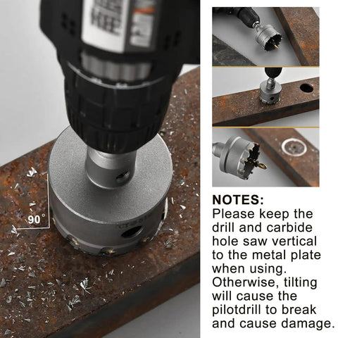 Carbide Hole Saw Kit For Metal 13 Piece Heavy Duty Drill Bit Set demonstrating metal cutting precision at 90 degrees.