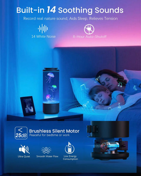 Family sleeping with Jellyfish Lamp Bluetooth Speaker With White Noise and 7 Color Changing Lights in bedroom.