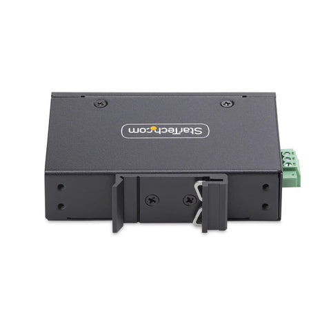Unmanaged 5 Port Industrial Gigabit Ethernet Switch with DIN rail, IP30 enclosure, fanless design, 3 pin terminal block, StarTech logo
