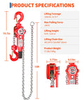 Beefed Up Heavy Duty Manual Chain Hoist Three Quarter Ton 1650 Lbs With 10 Ft Lever Block and specifications diagram