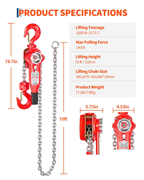 Beefy Heavy Duty Come Along Chain Hoist Three Quarter Ton Ten Ft Lift With G80 Galvanized Chain and Weston Brake 1650 Lb specs