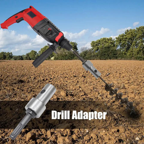 Garden Auger Drill Adapter Kit That Plays Nice With Corded And Cordless Drills shown connecting drill to auger bit, soil backdrop