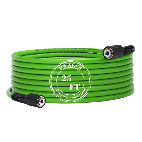 Pressure Washer Hose Replacement 3600 PSI 1 Quarter Inch By 25 Feet Flexible Power Washing Extension For Quick Connect M22 Fittings Compatible Durable Easy To Use For Tough Jobs, coiled green hose with connectors