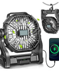 Portable Camping Fan With Led Lights And 20000mAh Battery, Rechargeable, shown with mobile charging and hanging hook feature