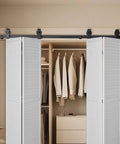 Heavy Duty Bi Folding Sliding Barn Door Hardware Track Kit Fits Four 15 Inch Closet Pantry Or Laundry Doors With Smooth Quiet Operation Easy To Install And Supports Up To 330 Lbs For Commercial And Home Use installed on white folding doors