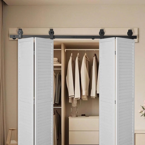 Heavy Duty Bi Folding Sliding Barn Door Hardware Track Kit Fits Four 15 Inch Closet Pantry Or Laundry Doors With Smooth Quiet Operation Easy To Install And Supports Up To 330 Lbs For Commercial And Home Use installed on white folding doors