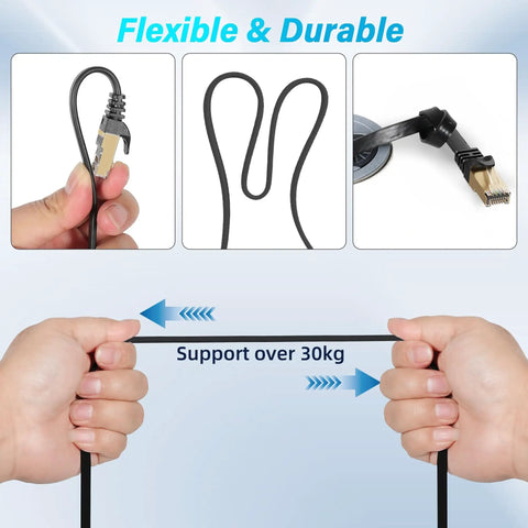 Cat7 Flat Outdoor Ethernet Cable 10 Ft Black Shielded SFTP PoE 10Gbps 600MHz High Speed LAN Cord showing flexibility and durability